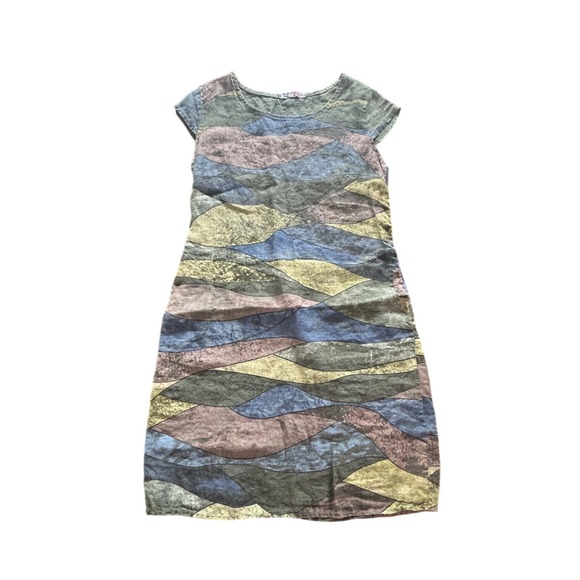 VBN Moda Italy Linen Dress Multicolor Abstract Art Wave Print Patchwork Medium - Picture 2 of 8